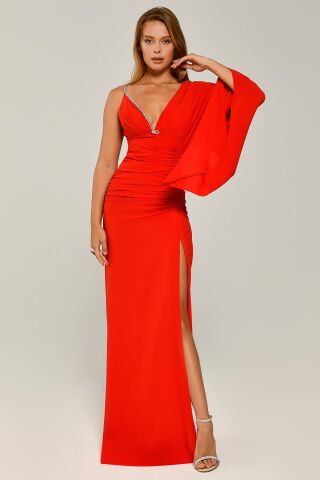 Tek Kol V Yaka Yırtmaçlı Uzun Elbise MERCAN - 38