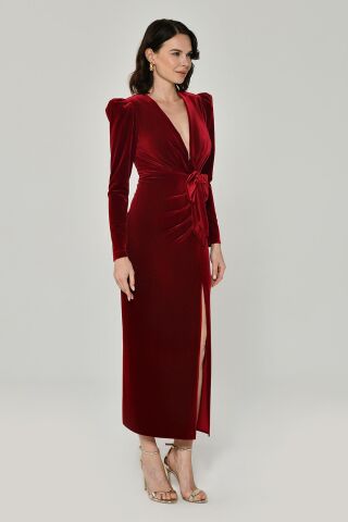 Uzun Kol Derin V Yaka Kadife Midi Elbise Kırmızı - 44