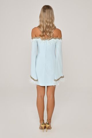 Düşük Kol Kenarları İşlemeli Tüylü Krep Kısa Elbise AÇIK MAVİ - 38