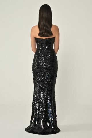 Straplez Önden Yırtmaçlı Payet Uzun Elbise Siyah - 36