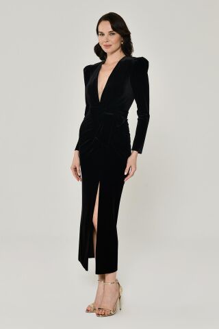 Uzun Kol Derin V Yaka Kadife Midi Elbise Siyah - 48