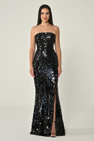 Straplez Önden Yırtmaçlı Payet Uzun Elbise Siyah - 40