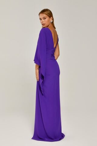Tek Kol V Yaka Yırtmaçlı Uzun Elbise Mor - 36