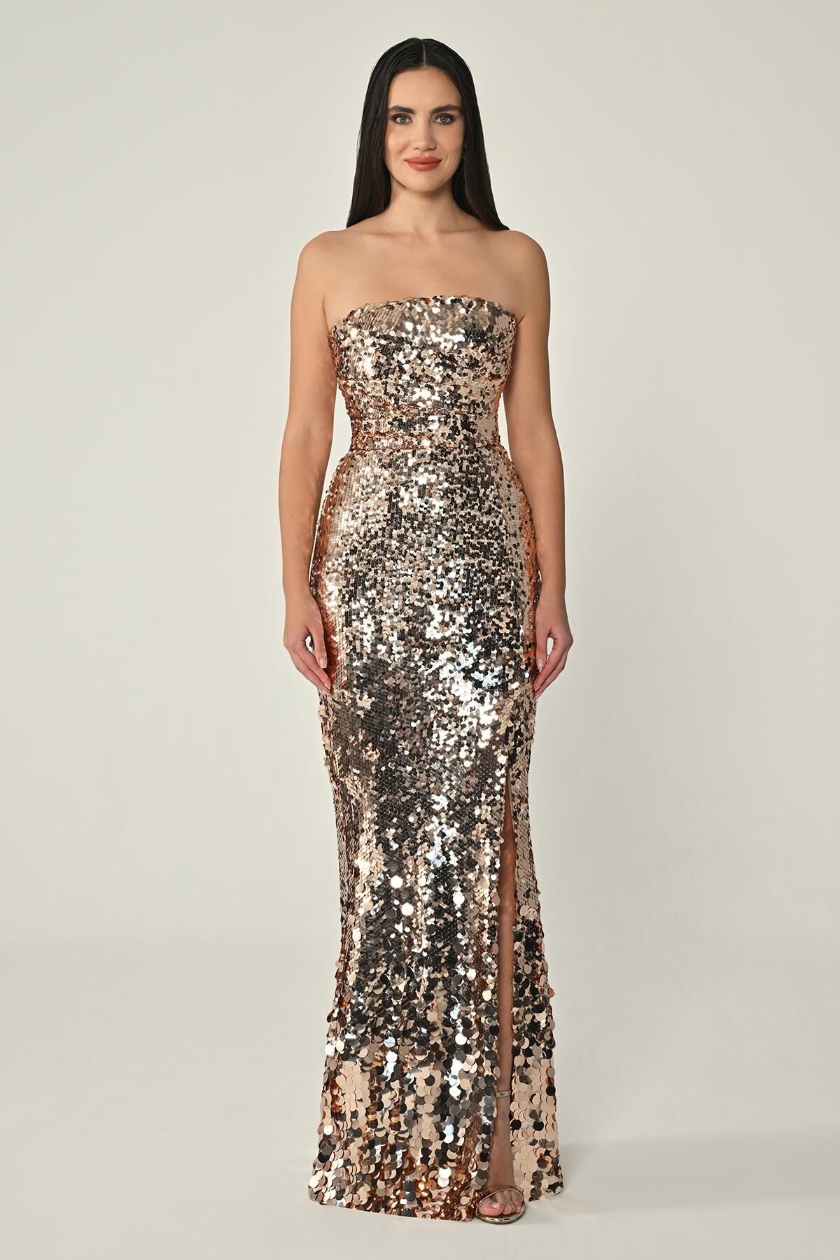 Straplez Önden Yırtmaçlı Payet Uzun Elbise BAKIR - 36