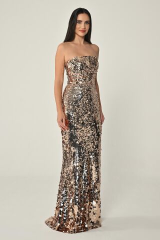 Straplez Önden Yırtmaçlı Payet Uzun Elbise BAKIR - 36