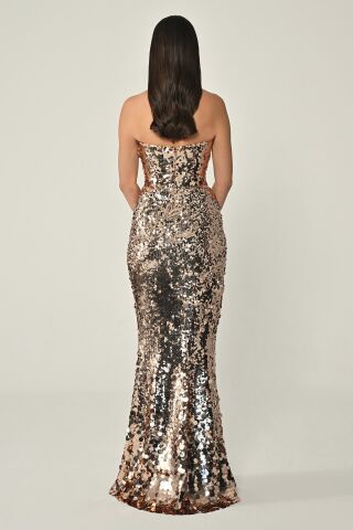 Straplez Önden Yırtmaçlı Payet Uzun Elbise BAKIR - 36