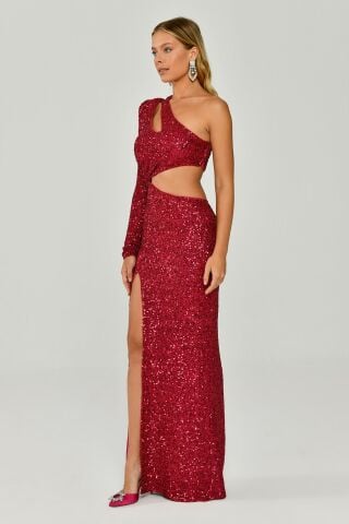 Single Sleeve Front Slit Sequin Fabric Long Dress