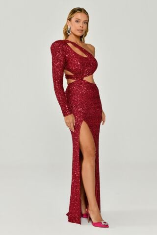 Single Sleeve Front Slit Sequin Fabric Long Dress