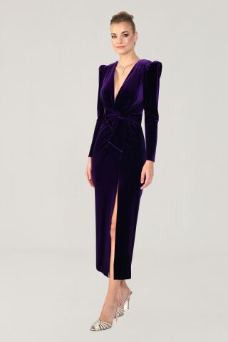 Uzun Kol Derin V Yaka Kadife Midi Elbise KOYU MOR - 38