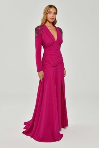 Uzun Kollu Derin V Yaka Apolet Aksesuarlı Krep Uzun Elbise Fuşya - 42
