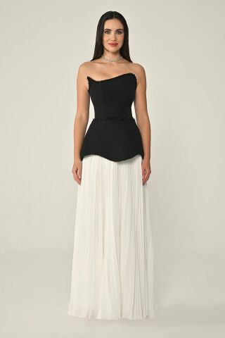 Straplez Üstü Krep Eteği Şifon Uzun Elbise