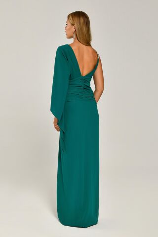 Tek Kol V Yaka Yırtmaçlı Uzun Elbise ZÜMRÜT - 36