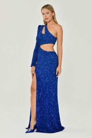 Tek Kol Önden Yırtmaçlı Payet Kumaş Uzun Elbise SAKS - 38