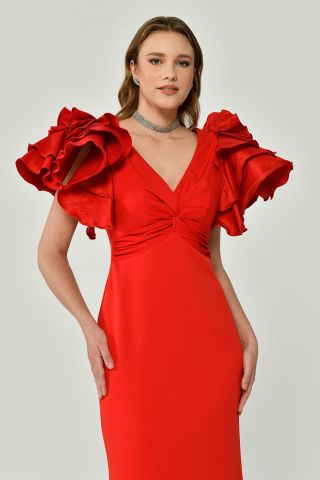 Volanlı Omuz V Yaka Krep Uzun Elbise Kırmızı - 44