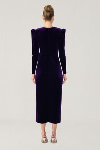 Uzun Kol Derin V Yaka Kadife Midi Elbise KOYU MOR - 44