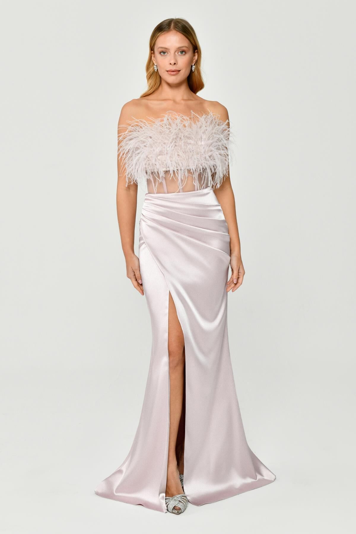 Straplez Otrişli Korse Transparan Bel Saten Uzun Elbise Pudra - 36