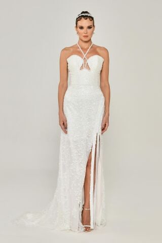 Boyundan Askılı Kalp Göğüs Yırtmaçlı Uzun Elbise Beyaz - 40