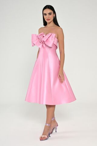Straplez Önü Çiçekli Fiyonk Saten Midi Elbise Pembe - 36