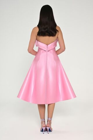 Straplez Önü Çiçekli Fiyonk Saten Midi Elbise Pembe - 36