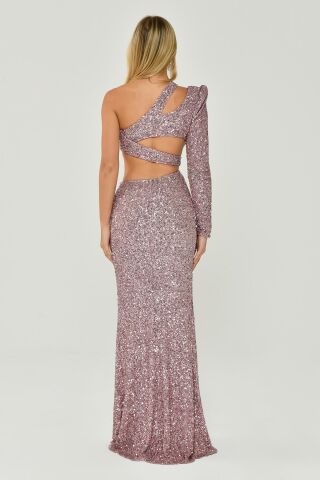 Tek Kol Önden Yırtmaçlı Payet Kumaş Uzun Elbise Pudra - 42