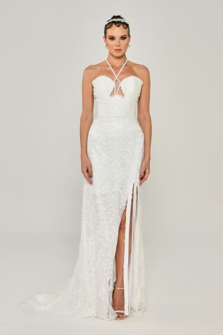 Boyundan Askılı Kalp Göğüs Yırtmaçlı Uzun Elbise Beyaz - 42