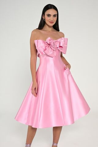 Straplez Önü Çiçekli Fiyonk Saten Midi Elbise Pembe - 38