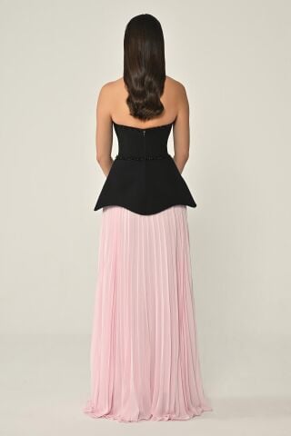 Straplez Üstü Krep Eteği Şifon Uzun Elbise SİYAH / PEMBE - 42