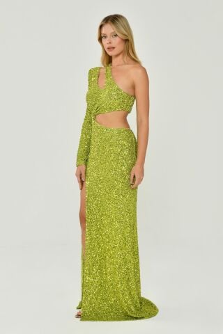 Tek Kol Önden Yırtmaçlı Payet Kumaş Uzun Elbise FISTIK YEŞİLİ - 36