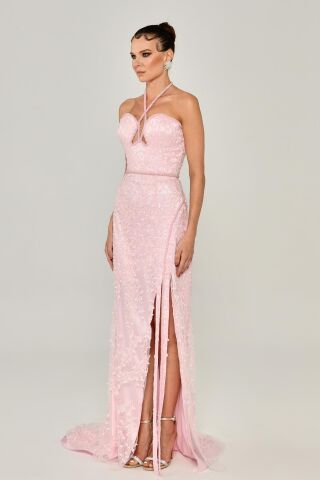 Boyundan Askılı Kalp Göğüs Yırtmaçlı Uzun Elbise Pembe - 38