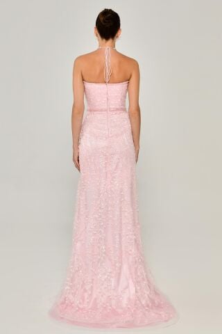 Boyundan Askılı Kalp Göğüs Yırtmaçlı Uzun Elbise Pembe - 38