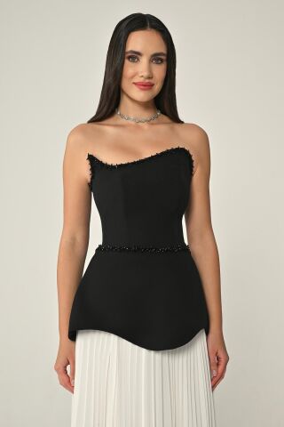 Straplez Üstü Krep Eteği Şifon Uzun Elbise SİYAH / BEYAZ - 36