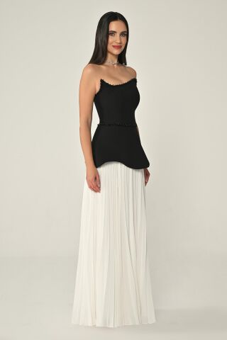 Straplez Üstü Krep Eteği Şifon Uzun Elbise SİYAH / BEYAZ - 38