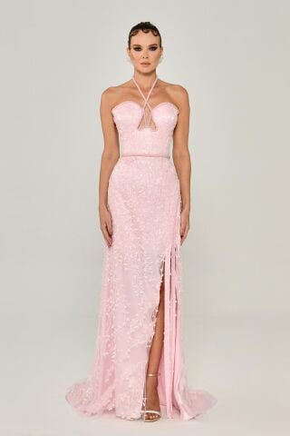 Boyundan Askılı Kalp Göğüs Yırtmaçlı Uzun Elbise Pembe - 42