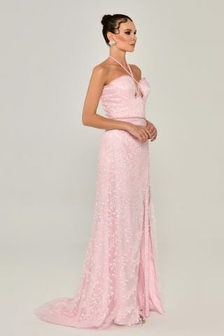 Boyundan Askılı Kalp Göğüs Yırtmaçlı Uzun Elbise Pembe - 42