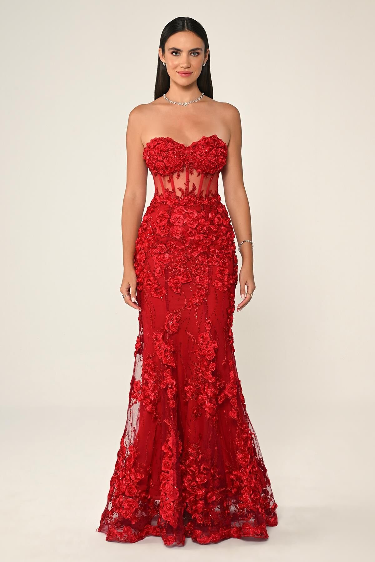 Beli Transparan Straplez Elbise Kırmızı - 42