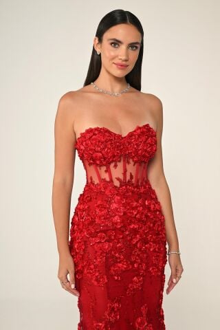 Beli Transparan Straplez Elbise Kırmızı - 42