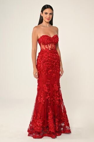 Beli Transparan Straplez Elbise Kırmızı - 42