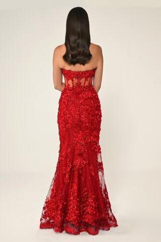 Beli Transparan Straplez Elbise Kırmızı - 42