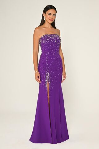 Straplez Taş İşlemeli Krep Uzun Elbise Mor - 42