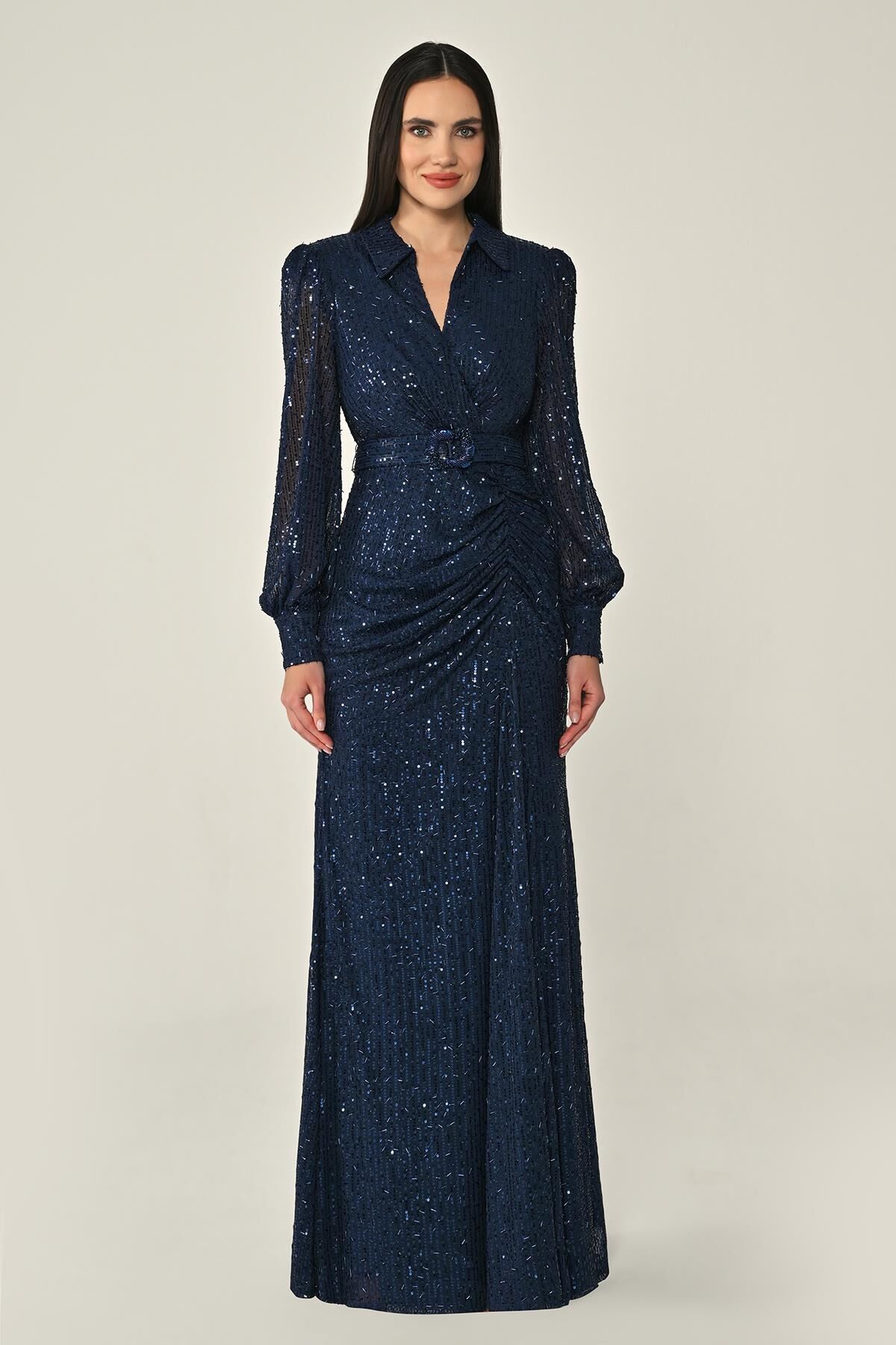 Yakalı Uzun Kollu Kemerli Payet Uzun Elbise Lacivert - 42