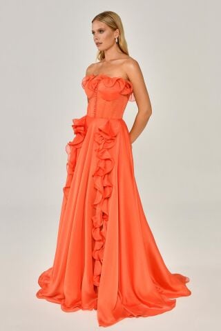 Straplez Fırfırlı Çift Yırtmaçlı Şifon Uzun Elbise ORANGE - 36
