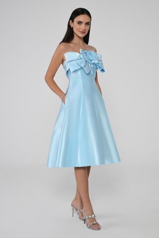 Straplez Önü Çiçekli Fiyonk Saten Midi Elbise AÇIK MAVİ - 36