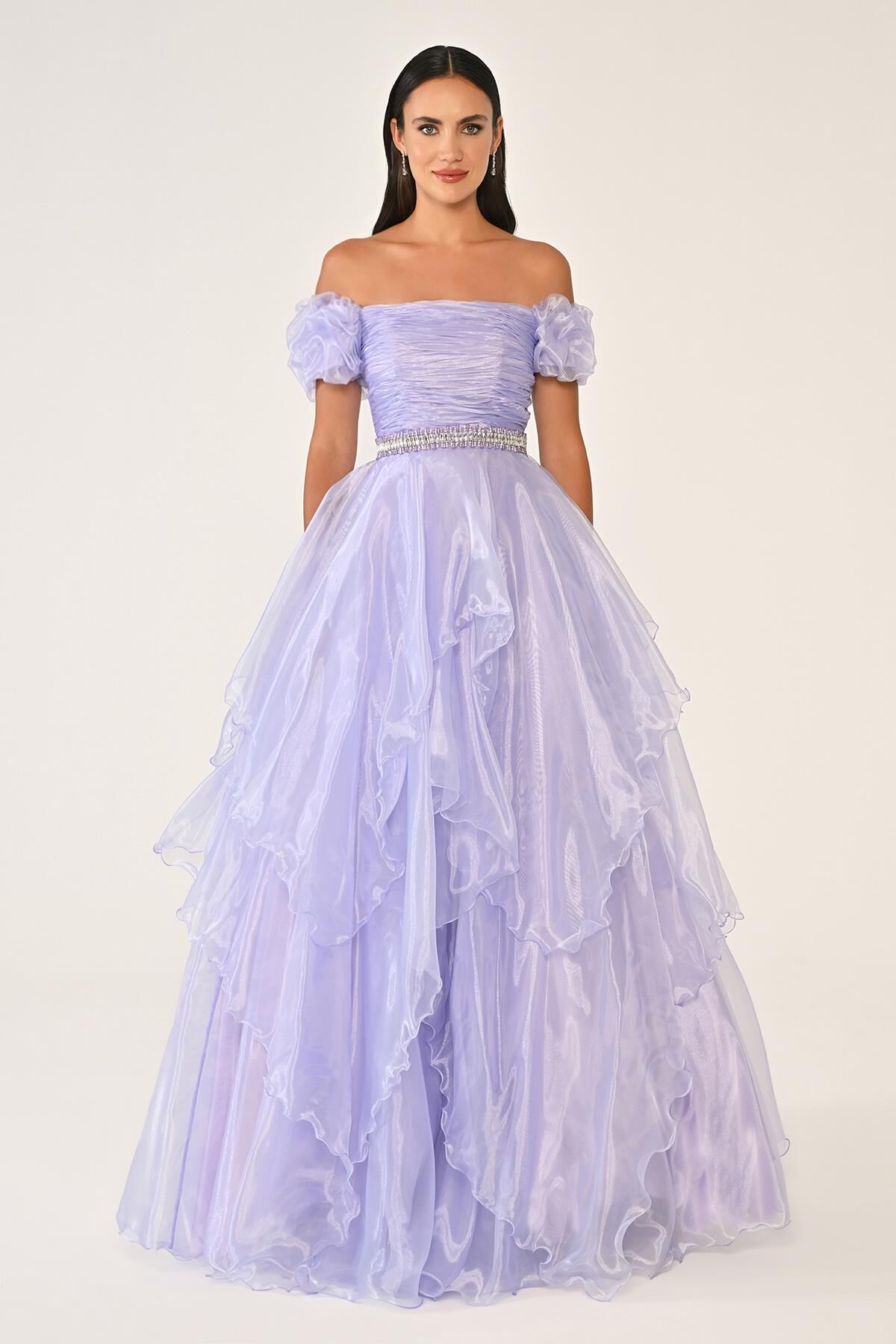 Düşük Omuz Katlı Prenses Etek Organze Uzun Elbise Lila - 42
