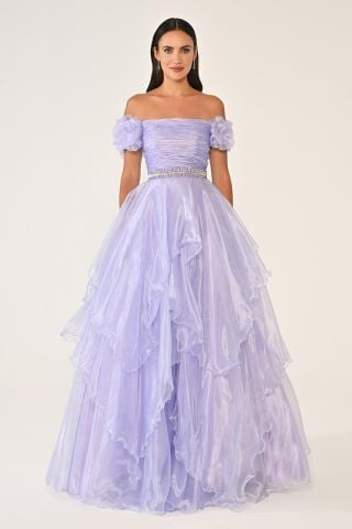 Düşük Omuz Katlı Prenses Etek Organze Uzun Elbise Lila - 42
