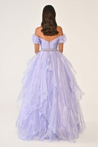Düşük Omuz Katlı Prenses Etek Organze Uzun Elbise Lila - 42