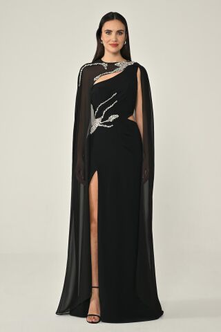 Pelerinli Taş İşlemeli Krep Uzun Elbise Siyah - 40