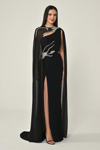 Pelerinli Taş İşlemeli Krep Uzun Elbise Siyah - 40