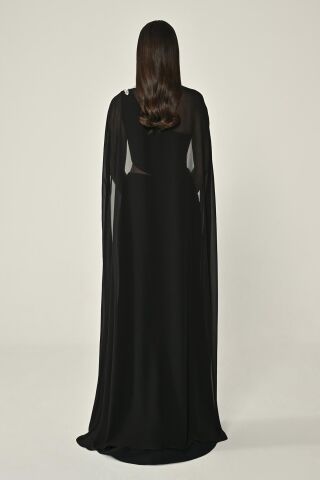 Pelerinli Taş İşlemeli Krep Uzun Elbise Siyah - 40