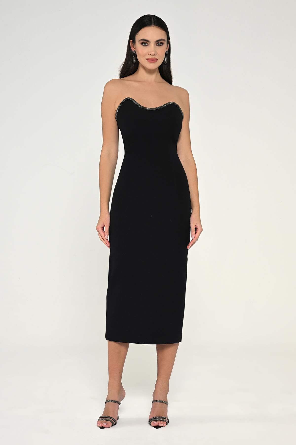 Straplez Şerit Aksesuarlı Krep Midi Elbise Siyah - 38