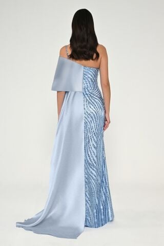 Tek Askılı Çiçek Aksesuarlı Payetli Saten Uzun Elbise MAVİ - 40